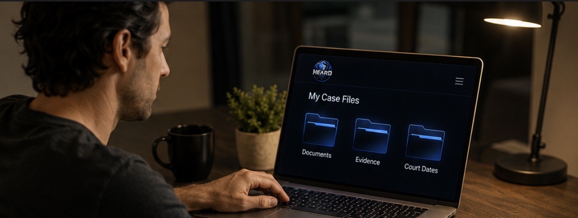 Heard case file dashboard across laptop, phone, and tablet